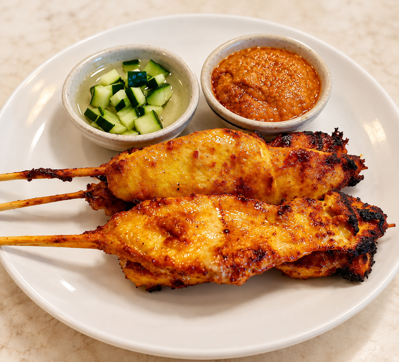 Chicken satay — grilled marinated skewers with peanut sauce and cucumber relish