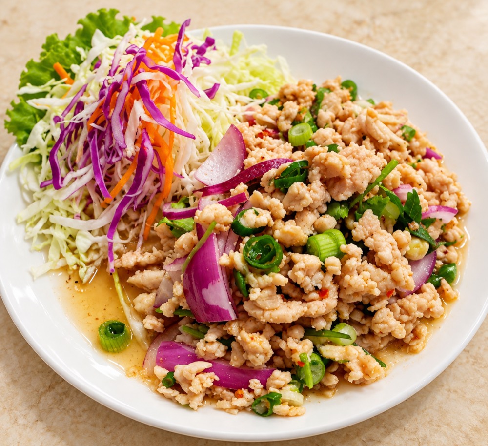 Thai larb salad with fresh herbs and toasted rice